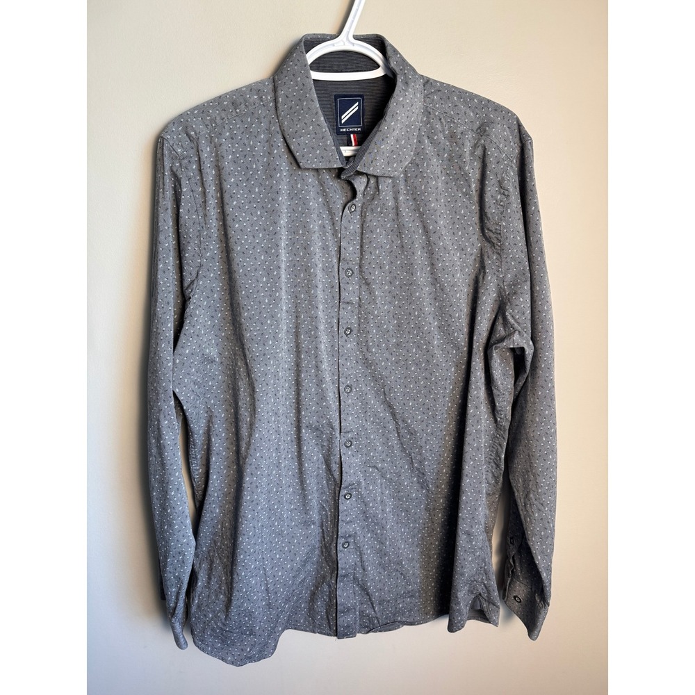 Hechter Mens Gray Geometric Print Button Down Shirt XL Stretch Casual Preppy